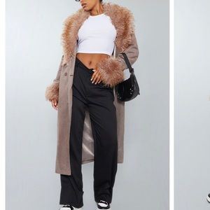 New faux fur trim suede belted trench coat